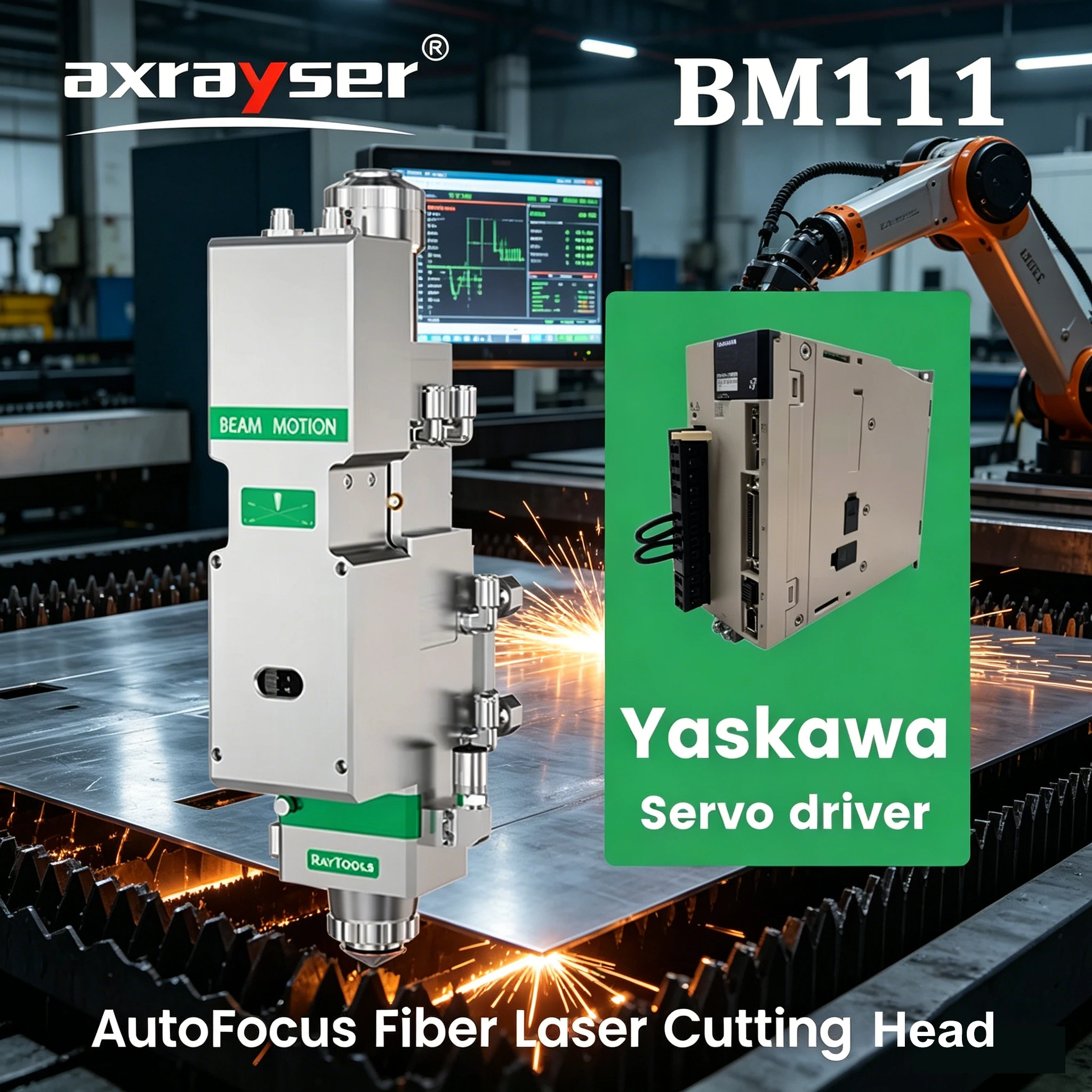 Raytools BM111 0-3300w Yaskawa/HcFa Servo Driver Fiber Laser Cutting Head F125 F155 F200 Auto Focusing for Metal Cutting