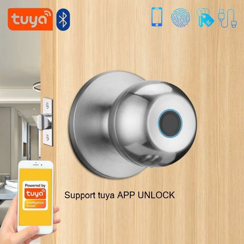 

Умный замок Tuya, сферический замок из нержавеющей стали для внутренней деревянной двери, замок с отпечатками пальцев, дистанционная разблокировка для замка для квартиры и проживания в семье