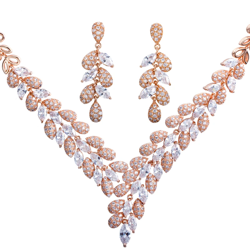 ThreeGraces Elegant Shiny Blue White Cubic Zirconia Leaf Shape Bridal Wedding Earrings and Necklace Jewelry Set for Women TZ898