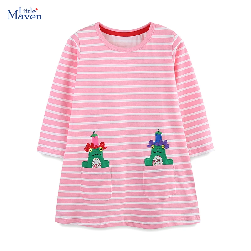 Little maven-Robe à manches longues en coton pour petite fille, vêtement avec poche, motif dessin animé grenouilles, collection automne 2024