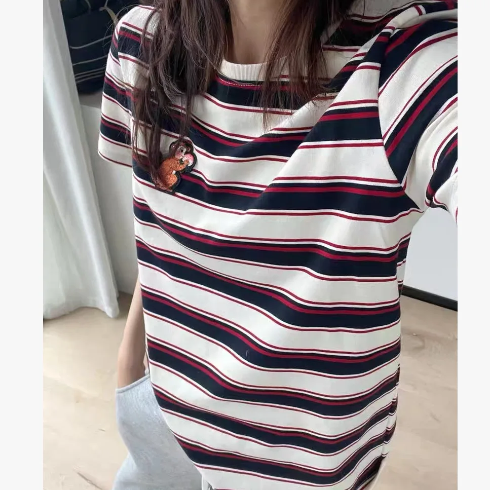 Withered Spring And Summer New Slimming Round Neck Vertical Stripe Embroidered Knitted Short Sleeved T-shirt