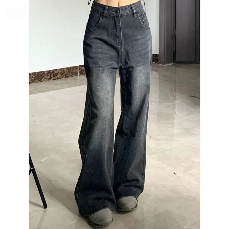

Korean Vintage High Waist Women's Jeans Y2K Slimming Pear-Shaped Loose Straight Bell Bottoms Black Gray Baggy Denim Trousers