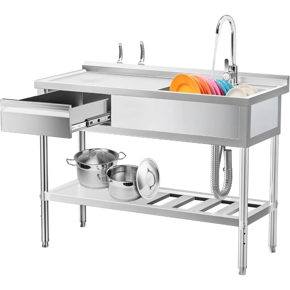 

Utility Sink – Free Standing Single Bowl with Workbench, Storage Drawer & Faucet, Hot and Cold Water Pipes