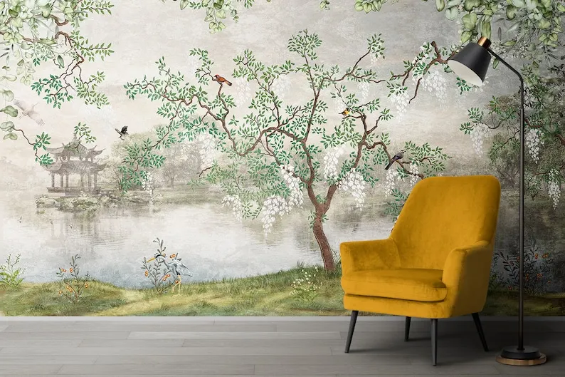 Chinoiserie Design Antique Temple Wallpaper, Tree and Lake Landscape Living Room Wall Mural, Flowers and Birds Kids Room Wall De