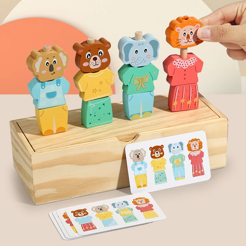 Montessori Wooden Animal Stacking & Dress Up Blocks Children's Early Education Change Clothes Dressing Game Colorful Puzzle