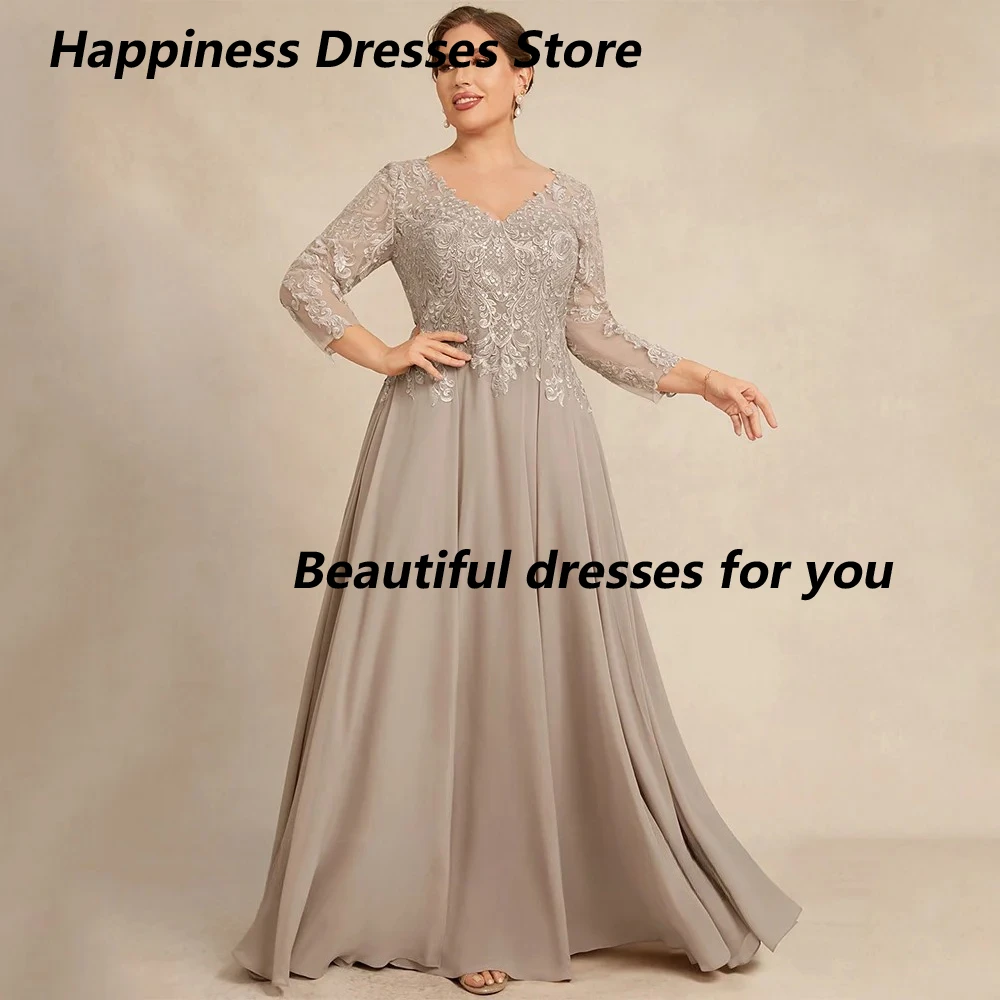 

Plus Size Mother of The Bride Dress Customized V Neck Long Sleeves Applique Chiffon A Line Champagne Wedding Guest Gown