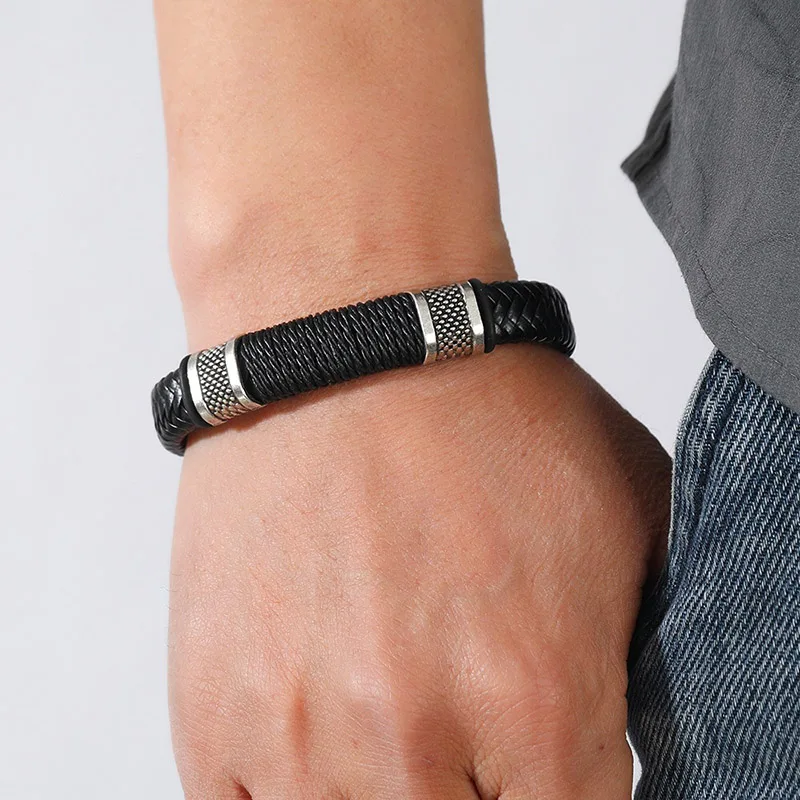 Trendy Leather Bracelet Homme Punk Men Bangle Gift For Husband Hiphop Rock Charm Braclet Pulsera Hombre Mirco Magentic Brazalete