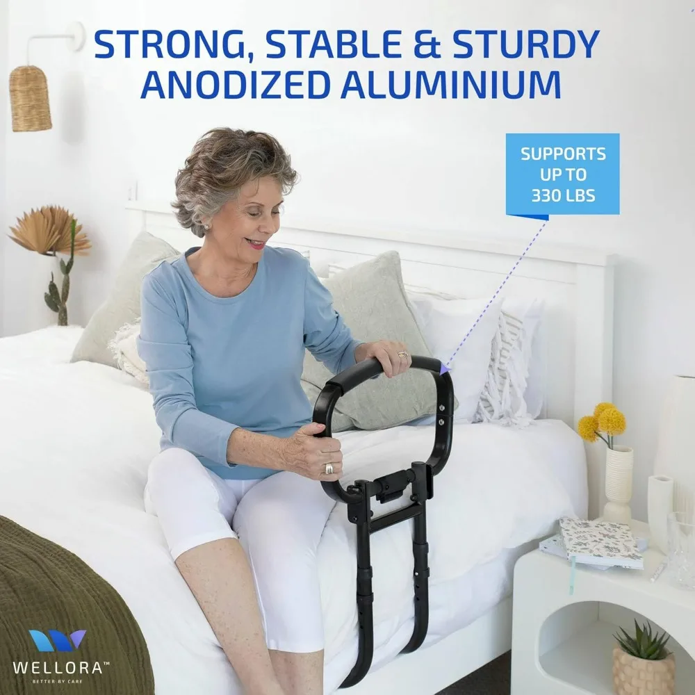 Bed Rails for Elderly Adults Safety - Foldable & Adjustable Bed Rail Free Motion Light & Storage Bag - Bed Guard Rail for Senior