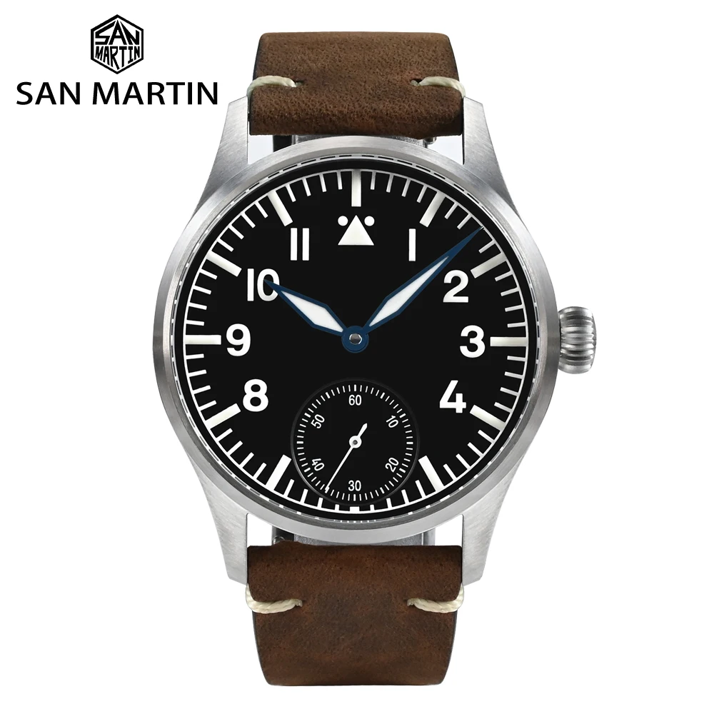 San Martin Pilot Watch 41mm ST3621/NH35 Vintage Military Mens Mechanical Watches Crazy Cowhide Strap Sapphire BGW-9 10Bar Lum