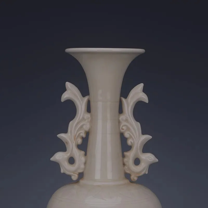 Imitation of Song Ding Kiln, White Glazed, Dark Engraved Flower, Phoenix Ear Vase, Zun Antique Vintage Porcelain Vase