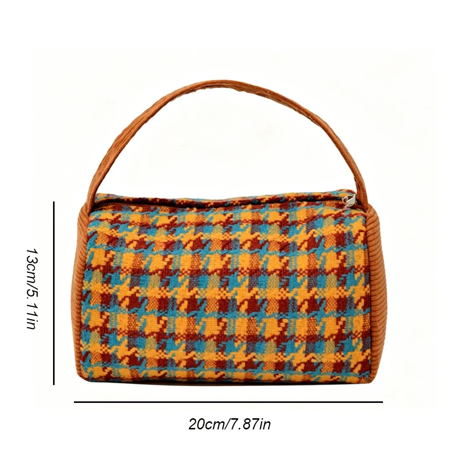 Small Handbag, Cute Furry Pufferfish Bag, Houndstooth Pattern Handbag, Carry-On Cosmetic Bag for Going Out
