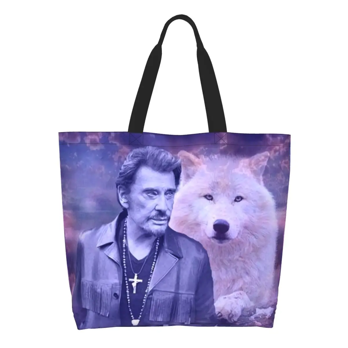 

Johnny Hallyday Grocery Tote Shopping Bags Women French Singer Rock Music Canvas Shoulder Shopper Bag Large Capacity Handbags