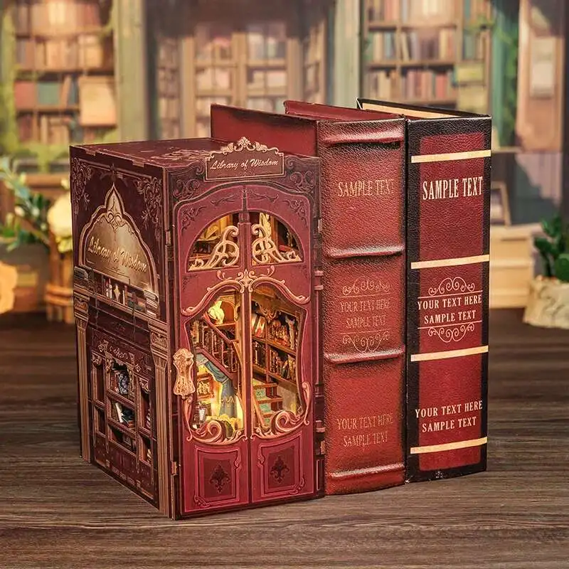 

DIY Book Nook Kit Miniature Dollhouse with Light Dust Cover Bookshelf Insert for Library of Wisdom