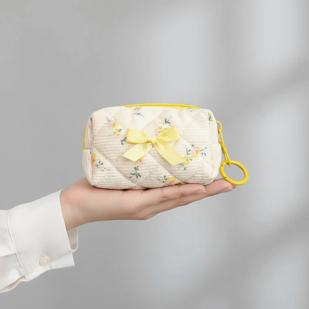 Embroidered Bowknot Mini Makeup Bag Quilted Lattice Floral Print Quilted Cosmetic Pouch Puffy Texture Multi Patterns