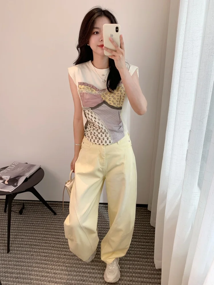 

Женская повседневная футболка Slim Fit с цветочным принтом и коротким рукавом, круглый вырез, THOEY CHEN, лето 2025, хлопок, растительный узор