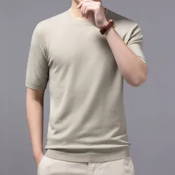 Oversized 100% Soft Cashmere Knitted O-neck T-shirt for Men Short Sleeve Tee Solid Color Leisure Grey White Black High Qualtity
