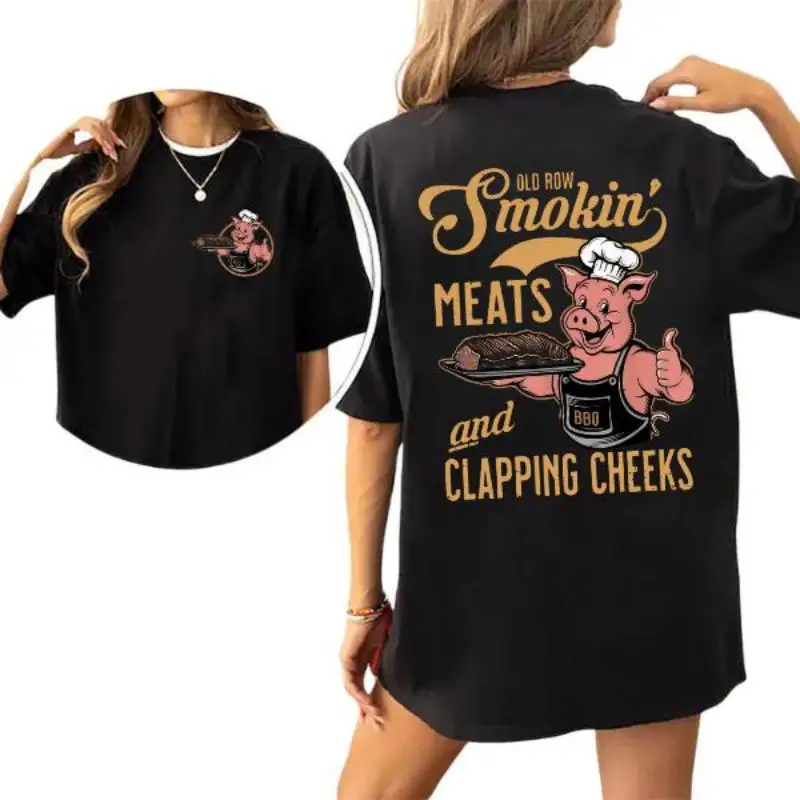 

Funny BBQ T Shirt Men Women Smokin Meats Pig Chef Graphic Tee Grill Master Double Sided Print Oversized Unisex Tops