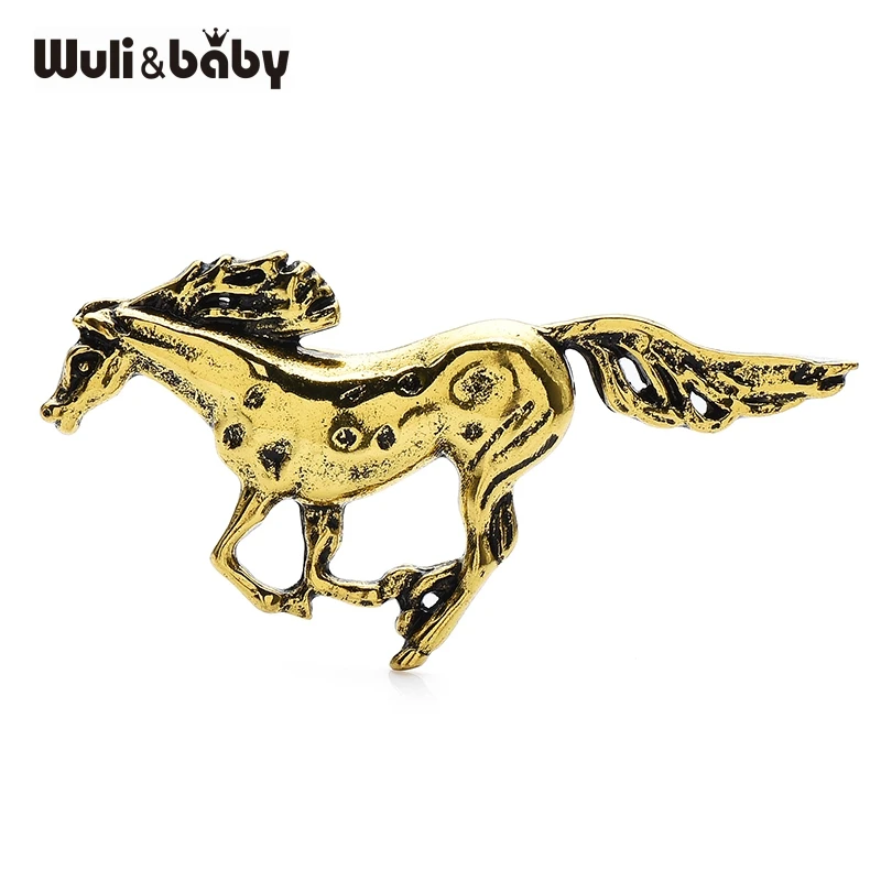 Wuli&baby Vintage Racing Horse Gold Color Brooch Pins Jewelry Accessory Gift Animal Metal Badge Pin For Suit