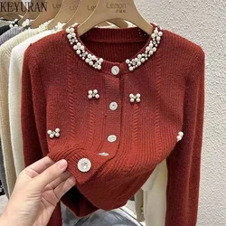 Autumn Pearls Beading Knitted Cardigan Sweater Women Vintage Fashion Long Sleeve Single-breasted Knitwear Crop Top Ladies Jumper