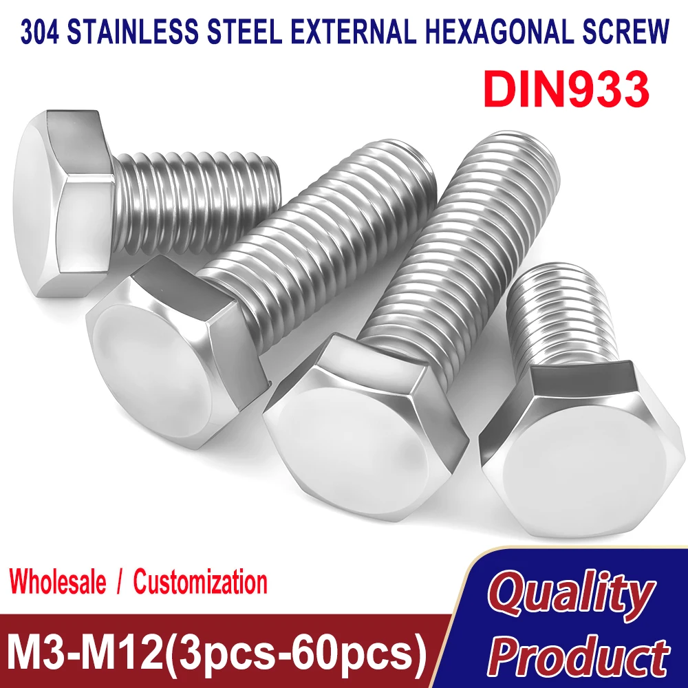 DIN933 M3 M4 M5 M6 M8 M10 M12 External Hex Bolts Metalworking Machine Screws 304 Strainless Steel Metric Thread Hexagon Screws