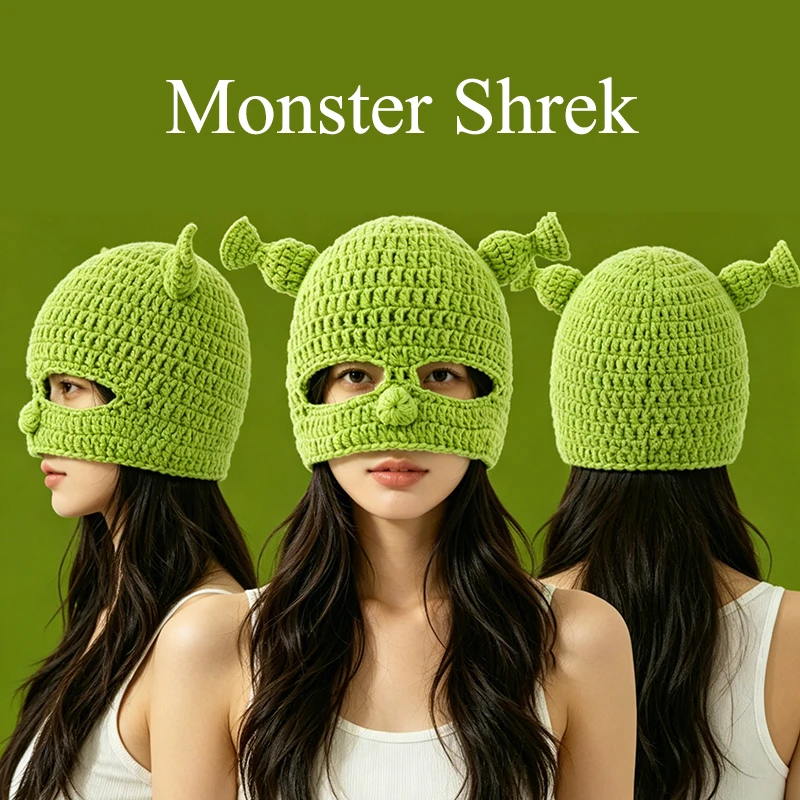 Funny Shrek Balaclava Hat Handmade Crochet Green Ogre Knitted Full Face Mask Cap Halloween Cosplay Party Unisex Winter Beanie
