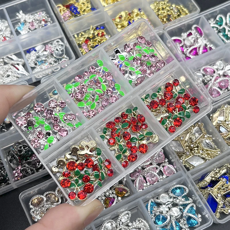 

6 Grid 3D Cherry/Planet Nail Art Charms Mix Styles Boxed Shiny Luxury Alloy Rhinestones Decoration Nail Art Parts Crystal Stone