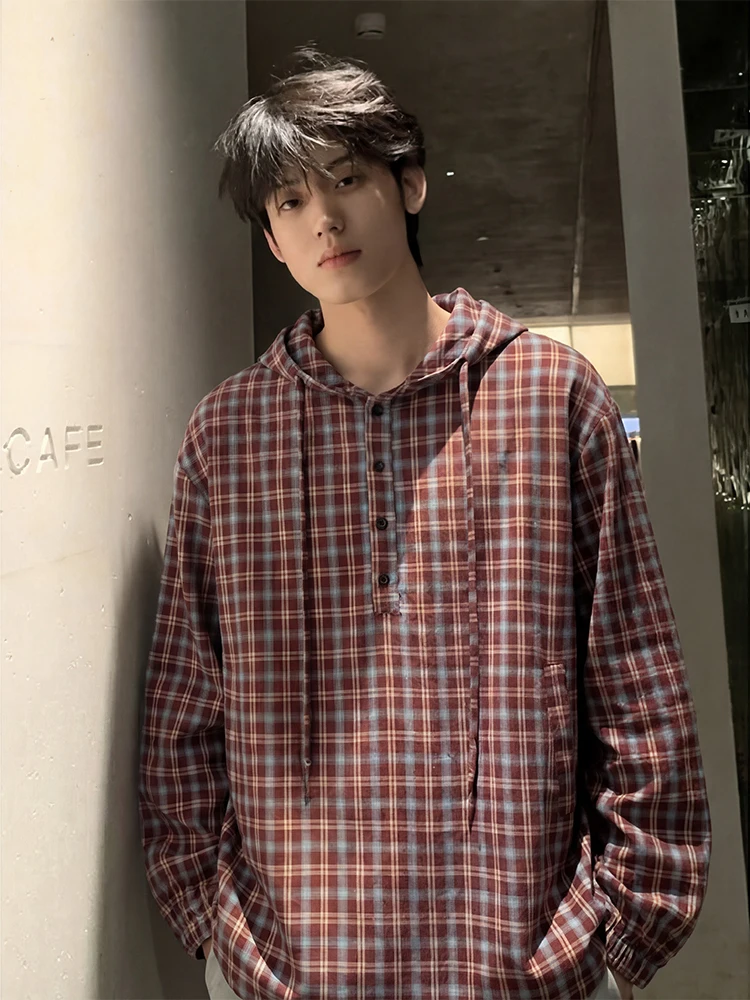 

American Retro Plaid irt Men's Casual Loose Couple Spring Autumn Outerwear Breathable Long Sve Hoodie Sle Faion Design