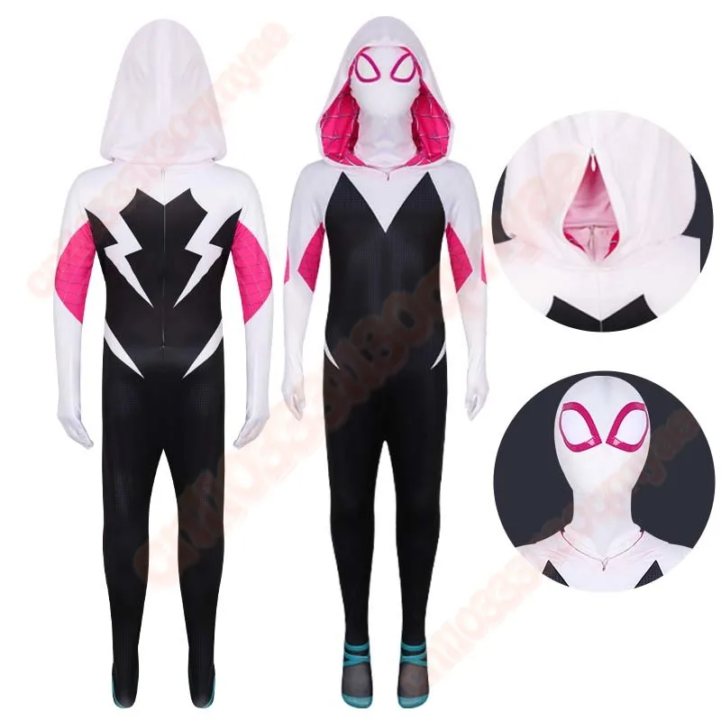 

Kids Spider Gwen Cosplay Superhero Bodysuit Gwendolyn Maxine Stacy 3D Zentai Halloween Role Play Costume Hooded Mask Jumpsuitt