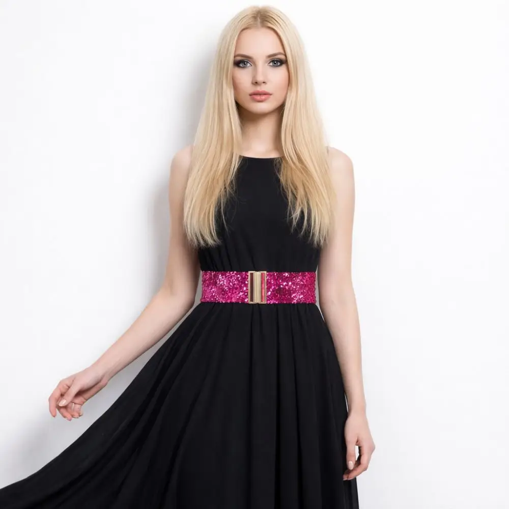 60cm Elastic Sequin Stretch Belt Gold Buckle Disc Eye Catching Shinny Waistband Professional Versatile Women's Belt Dresses