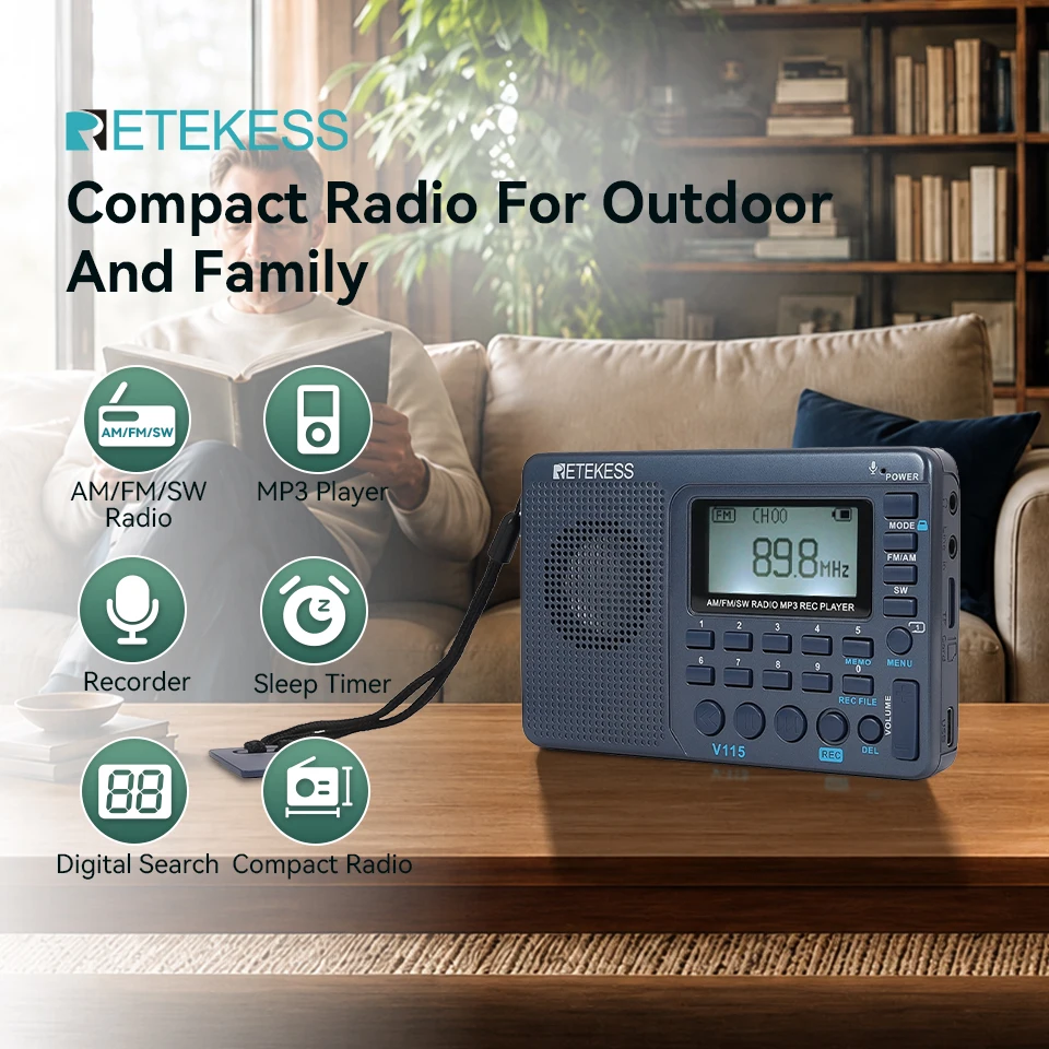 Retekess Blue V115 FM SW Radio Rechargeable Portable Radio Multi-functional Recording Radio MP3 Player for Elderly Travel Gifts