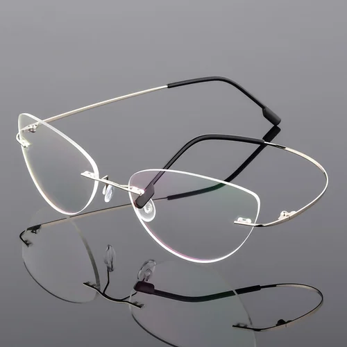 Gafas de lectura sin montura de titanio con forma de ojo de gato, gafas de lectura ultraligeras sin montura de aleación para mujer, gafas para presbicia +0,50 a +6,00