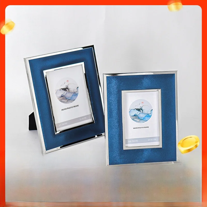 cadre-photo-rectangulaire-moderne-en-cuir-souple-bleu-avec-bordure-argentee-decoration-d'interieur-nouvelle-arrivee-cadeau-creatif