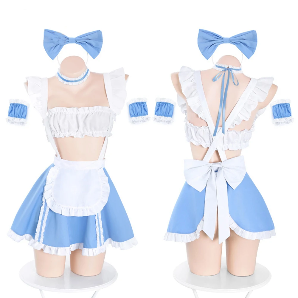 Lolita Maid Cosplay Costumes Cute Sweet Erotic Role Play Maid Servant Uniform Women Sexy Lingerie Set French Apron T Panties Set