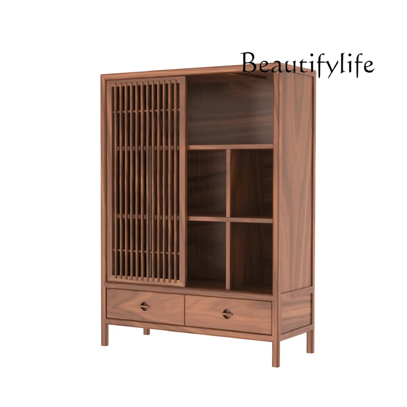 New Chinese Style Black Walnut Floor Standing Storage Cabinet Modern Zen Solid Wood Display Bookcase