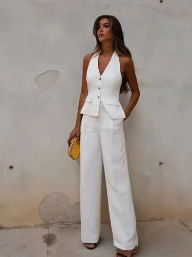 Imagen 2 del producto Traje de pantalón liso a la moda para mujer, chaqueta sin mangas con un solo pecho y cuello Halter, chaleco, Top con cremallera, pantalones con mosca, conjuntos de oficina para mujer