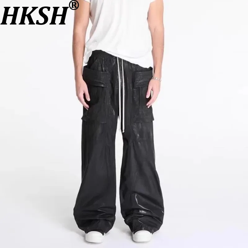 

HKSH RO Brushed Wax Leather Coated Wide-Leg Straight Flared Pocket Double Loop Safari Style Drawstring Loose Cargo Pants HK18808