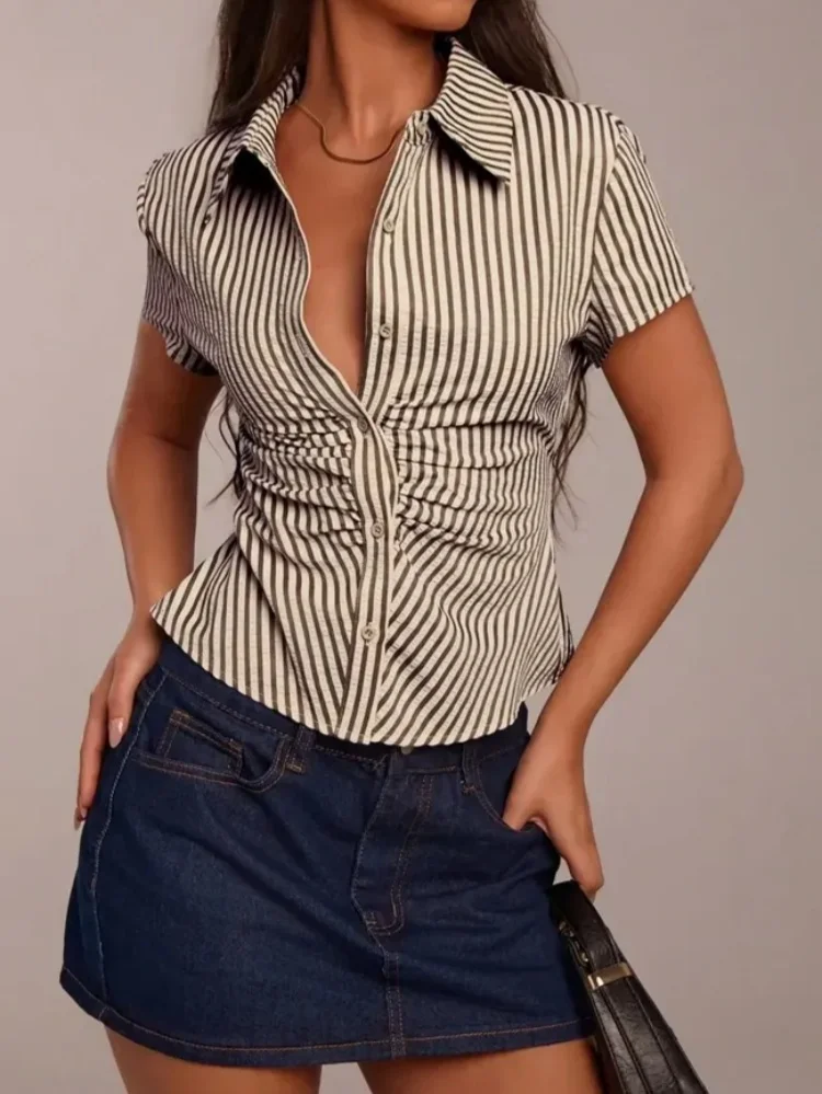 

Женская рубашка на пуговицах в стиле Y2K, с коротким рукавом, воротником-поло, летняя, в стиле бэбидолл, уличная одежда