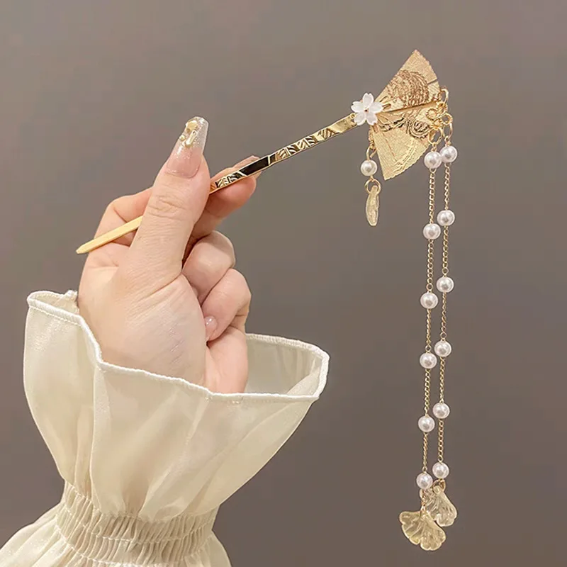 1pc Chinesischen Stil Nische Persönlichkeit Fan-förmigen Legierung Haarnadel Exquisite Quaste Hanfu Qipao Headwear Schnell Geflochtene Haar Artefakt – Detail 5