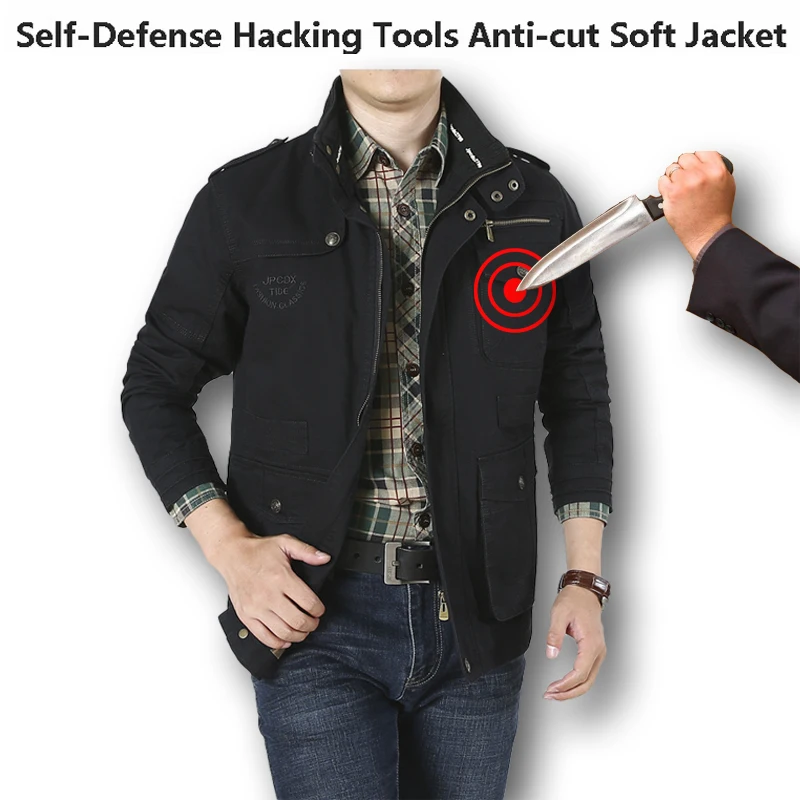 Outdoor Tactical Jacket Anti-Cut Stab-Resistant Bite-Proof 100% Cotton Plus Size Safety Anti-Hacking Police Fbi Clothing M-7XL