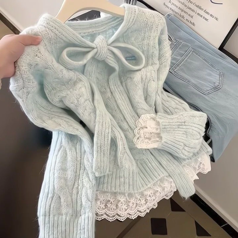 

Korean Sweet Long Sleeve Blue Sweater Patchwork Bow Y2k Slim Knitwear Pullover Women Casual Vintage Lace 2025 Autumn New Arrival
