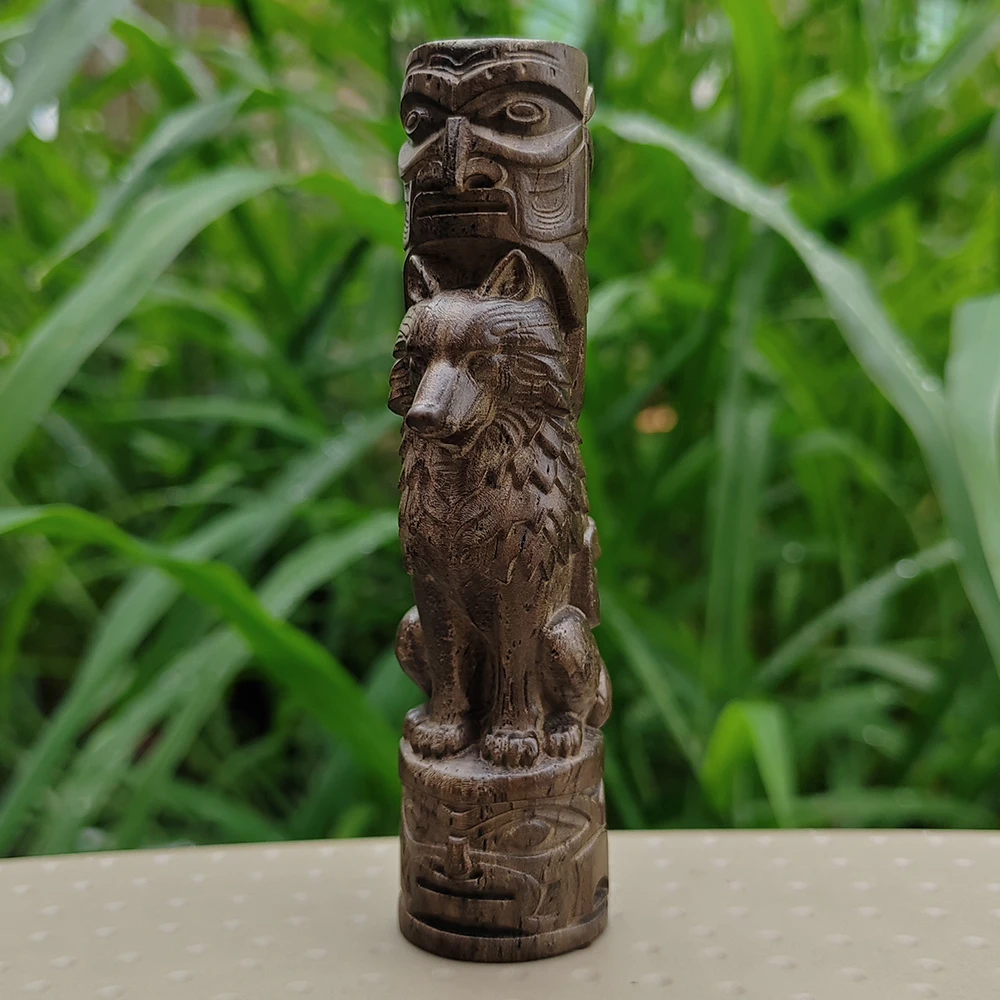 3.8 Inch Hand-Carved Wooden Wolf Totem Column Ornament, Ethnic Style, Suitable for Office, Housewarming Gift, Holiday Decoration, Men's Gift, Thanksgiving Gift, New Year Gift, Halloween Decoration