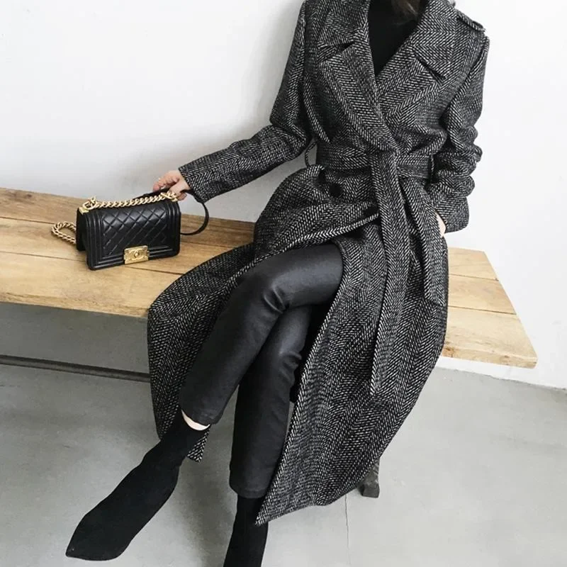 2023 Winter New Women Fashion Long Below The Knee Wool Coat Female Plaid Casual Temperament Thicken All-match Woolen Outwear