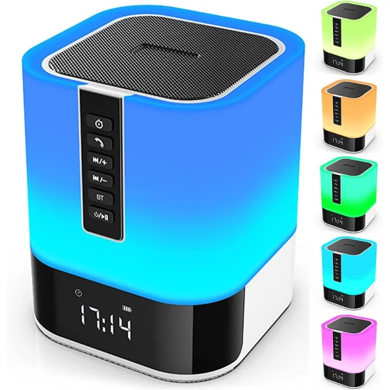 Night Light Bluetooth Speaker, 5 in 1 Touch Control Bedside Lamp Dimmable Multi-Color Changing, Bedroom Alarm Clock