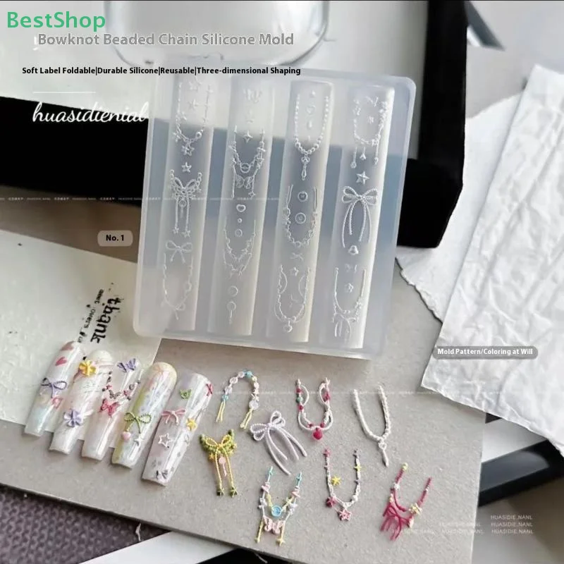 🍄3D Silicone Nail Art Mold Relief Bowknot Beaded Chain Strap Heart Design DIY Nail Decor Transparent Manicure Template