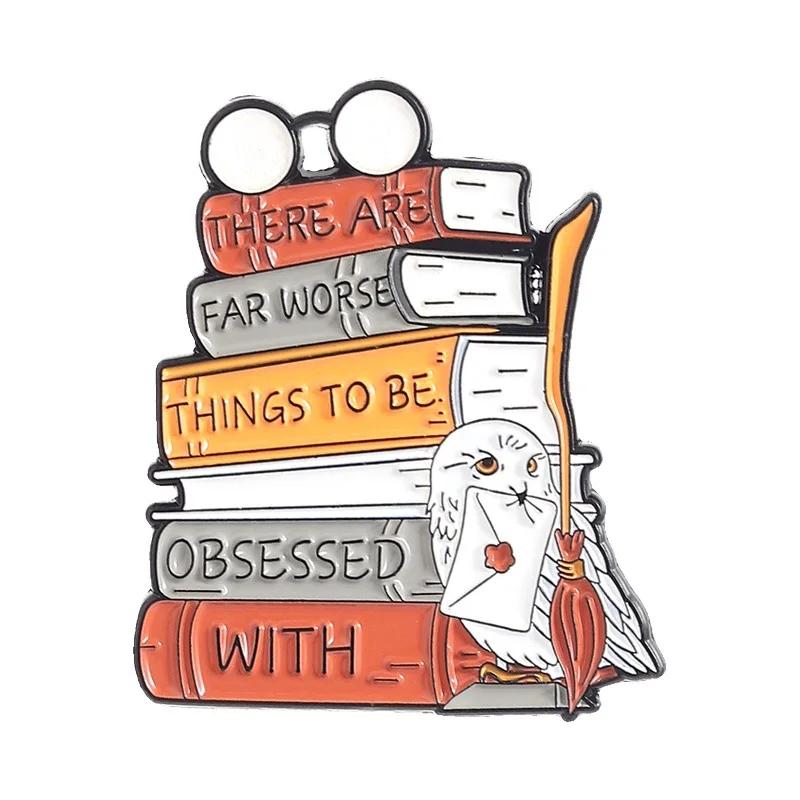 Cartoon book owl messenger-style badges, creative English quote series pins, accessory for clothing and bags, gifts for friends