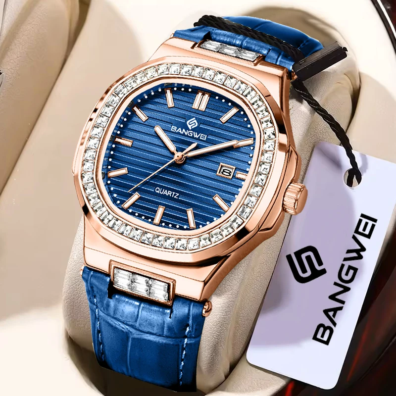 

BANGWEI New Women Watch Creative Blue Leather Square Waterproof Watches for Women Fashion Elegant Quartz Watch Femme Reloj Mujer