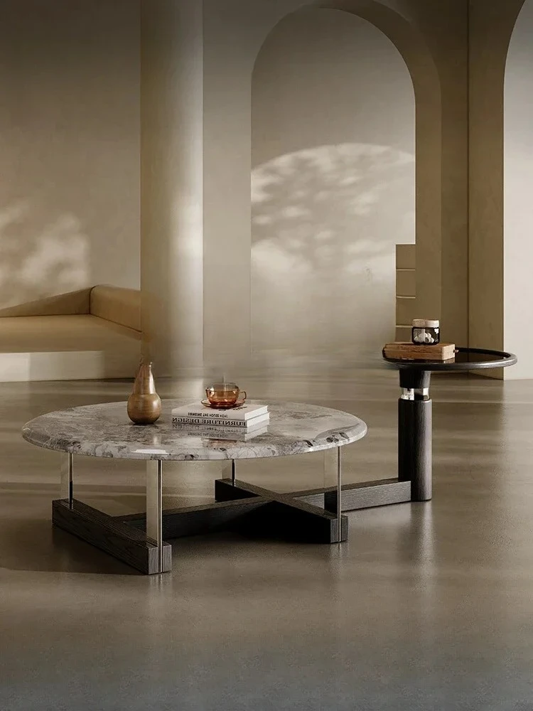 

S Marble Tea Table Combination round Solid Wood Tea Table Italian Minimalist Stainless Steel Designer Tea Table