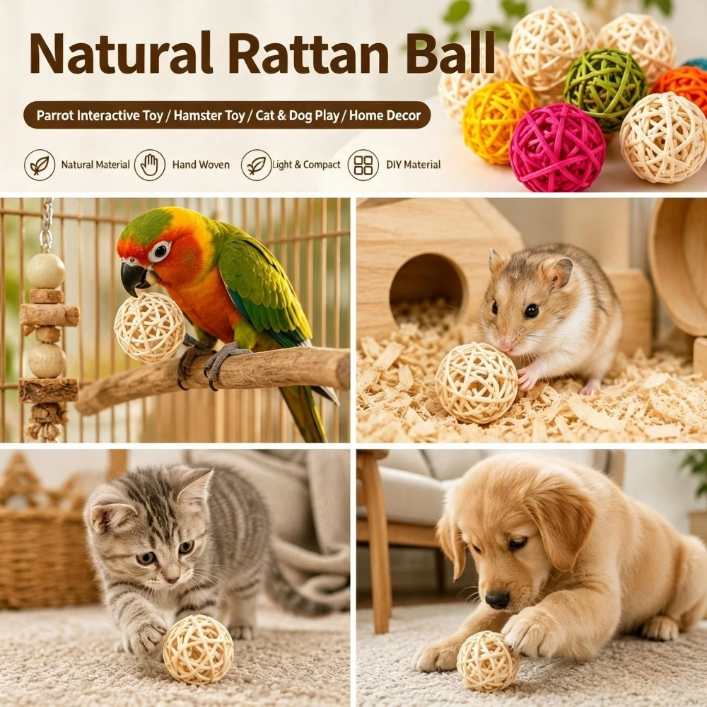 Mixed Color Natural Rattan Balls Pet Toy Handmade Woven Ball for Bird Hamster Guinea Pig Small Cage Decoration Interactive Play