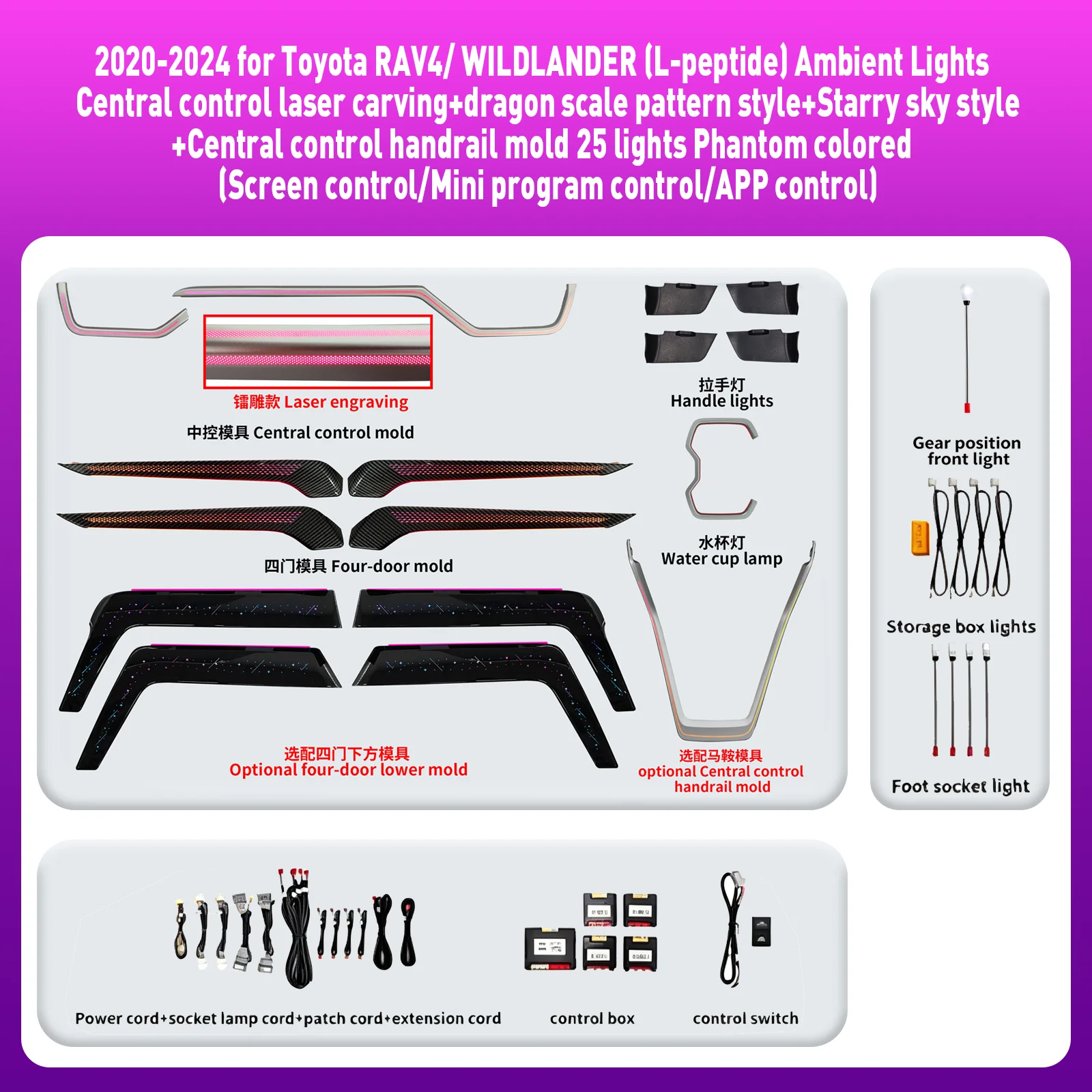 For Toyota RAV4/WILDLANDER 2020-2024 APP Control Ambient Light Dashboard Decorative LED Atmosphere Lamp illuminated Strips