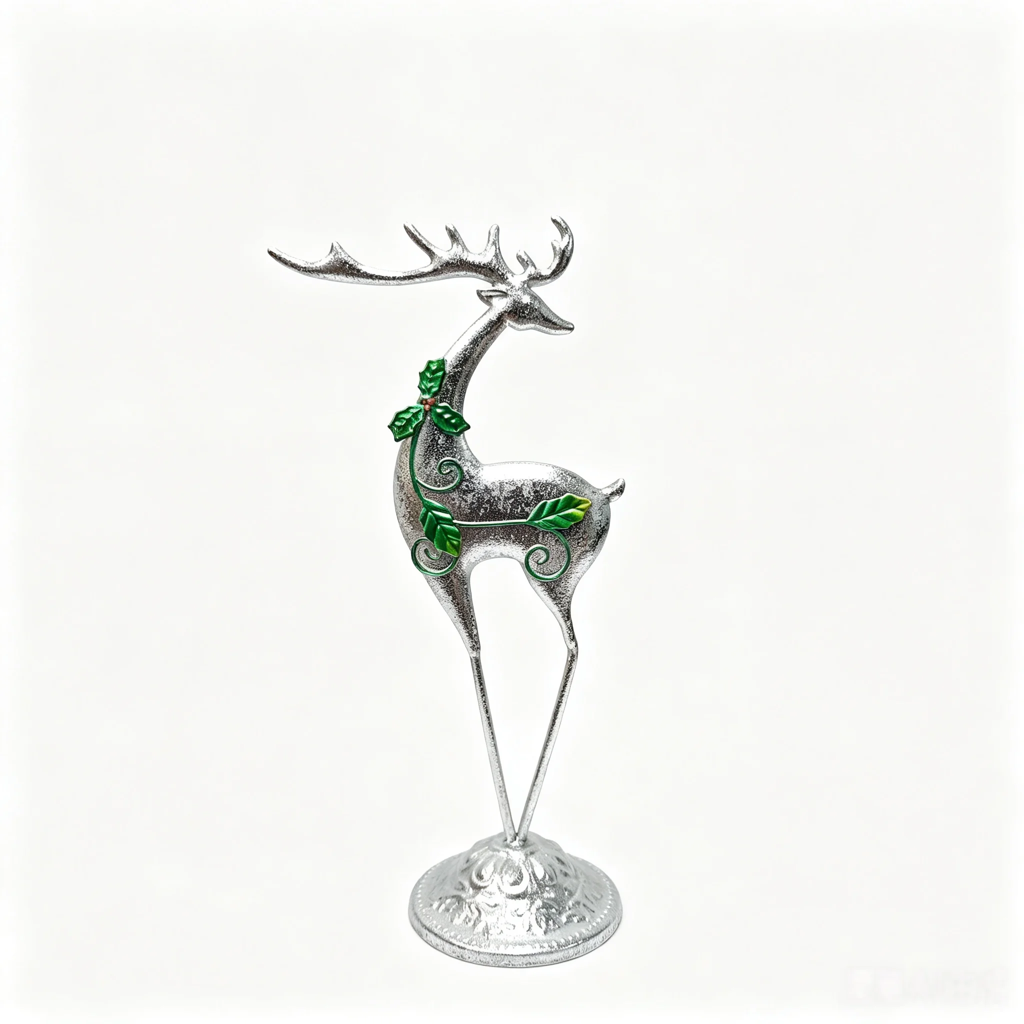 Silver Christmas Reindeer Tabletop Ornament with Holly Leaves Holiday Home Xmas Decoration